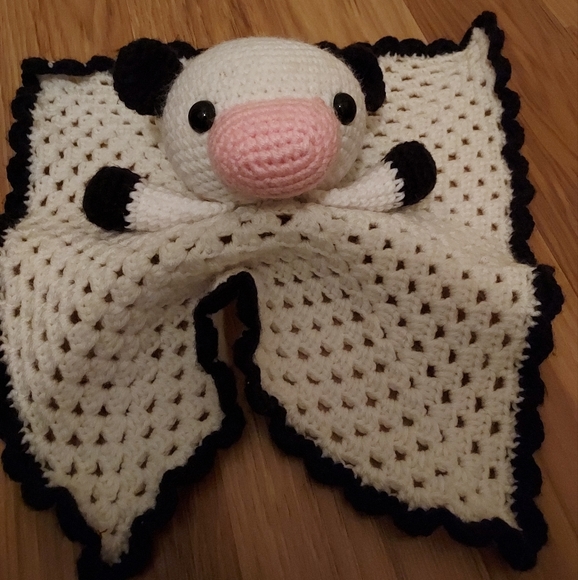 Vintage Handmade Crochet Cow Pig Lovey Blanket Stuffed Animal Black White Pink - Picture 1 of 10